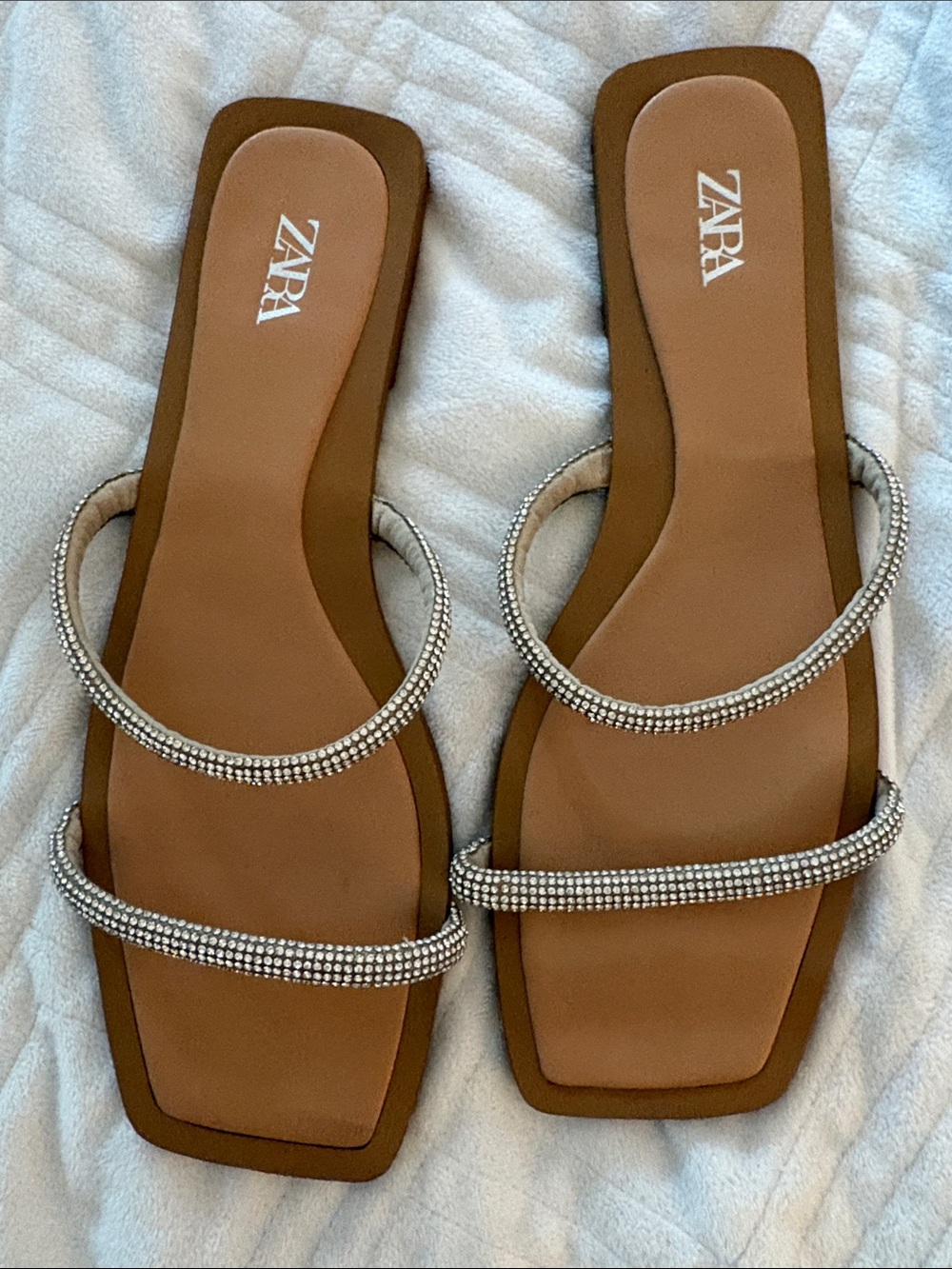 Zara Brown Sandal Slides with Silver Crystal Straps